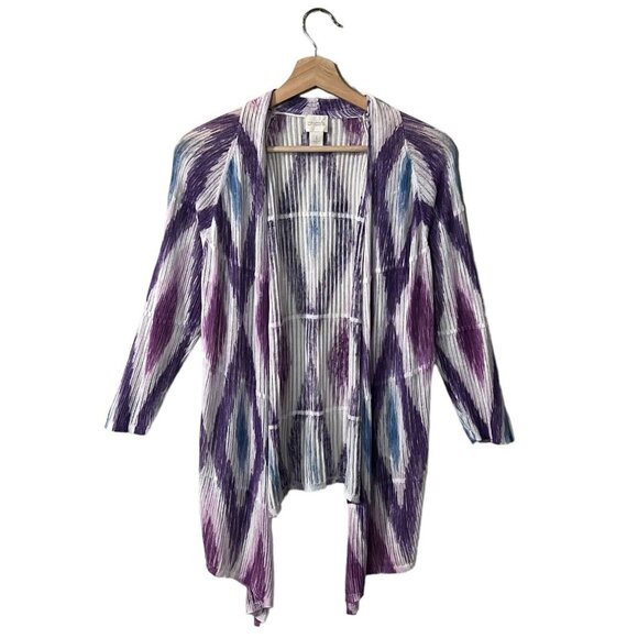 Chicos Ikat Textured Cardigan Size 1 Medium Purple Ombre Tie Dye Open Front - Picture 1 of 8